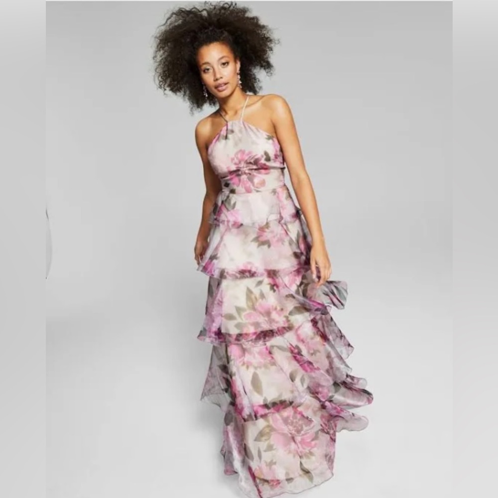 Speechless Womens Floral-Print Maxi Tiered Evening Dress Gown Juniors